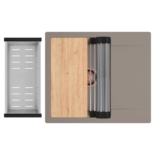 HD Onyx Tortora 58 egymedencés gránit mosogatótálca szett, csepegtetőtálcával, vágódeszkával, acél csepegtetőráccsal és kosárral, tortora színben, szálcsiszolt réz leeresztő szifonnal