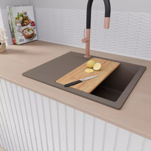 HD Onyx Tortora 58 egymedencés gránit mosogatótálca szett, csepegtetőtálcával, vágódeszkával, acél csepegtetőráccsal és kosárral, tortora színben, szálcsiszolt réz leeresztő szifonnal