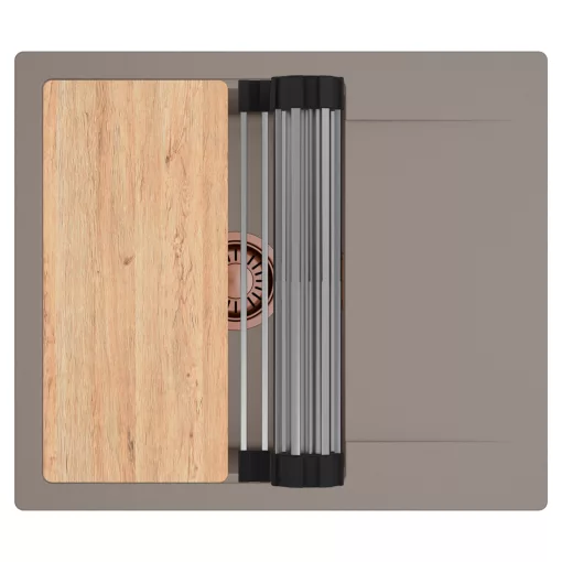 HD Onyx Tortora 58 egymedencés gránit mosogatótálca szett, csepegtetőtálcával, vágódeszkával, acél csepegtetőráccsal, tortora színben, szálcsiszolt réz leeresztő szifonnal