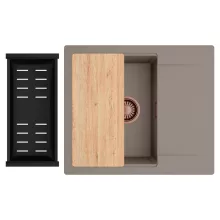 HD Onyx Tortora 58 egymedencés gránit mosogatótálca szett, csepegtetőtálcával, vágódeszkával, matt fekete csepegtetőkosárral, tortora színben, szálcsiszolt réz leeresztő szifonnal