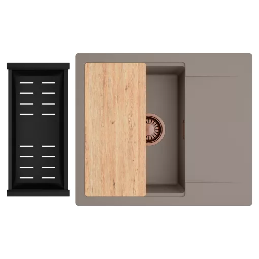 HD Onyx Tortora 58 egymedencés gránit mosogatótálca szett, csepegtetőtálcával, vágódeszkával, matt fekete csepegtetőkosárral, tortora színben, szálcsiszolt réz leeresztő szifonnal
