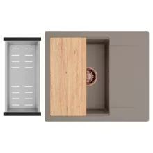 HD Onyx Tortora 58 egymedencés gránit mosogatótálca szett, csepegtetőtálcával, vágódeszkával, acél csepegtetőkosárral, tortora színben, szálcsiszolt réz leeresztő szifonnal