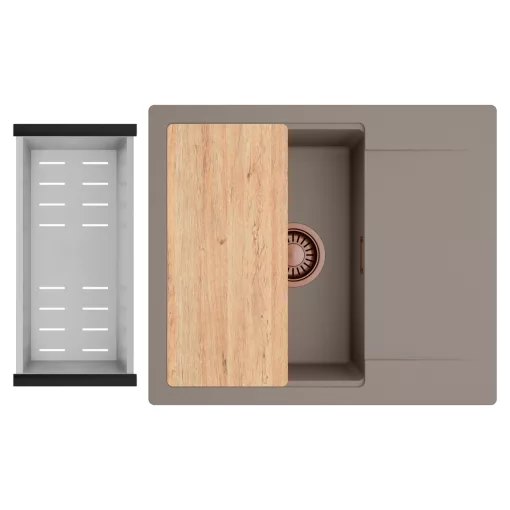 HD Onyx Tortora 58 egymedencés gránit mosogatótálca szett, csepegtetőtálcával, vágódeszkával, acél csepegtetőkosárral, tortora színben, szálcsiszolt réz leeresztő szifonnal