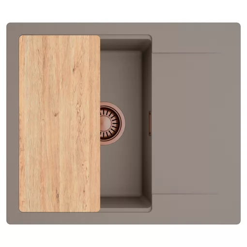 HD Onyx Tortora 58 egymedencés gránit mosogatótálca, vágódeszkával, tortora színben, szálcsiszolt réz leeresztő szifonnal