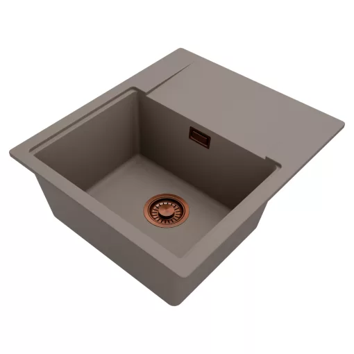 HD Onyx Tortora 58 egymedencés gránit mosogatótálca, vágódeszkával, tortora színben, szálcsiszolt réz leeresztő szifonnal