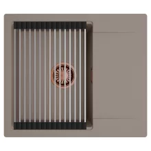 HD Onyx Tortora 58 egymedencés mosogatótálca szett, acél csepegtetőráccsal, csepegtetőtálcával, tortora színben, szálcsiszolt réz leeresztő szifonnal