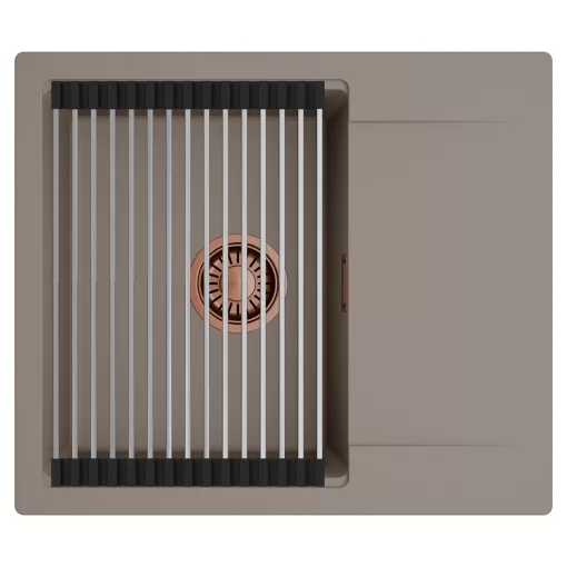 HD Onyx Tortora 58 egymedencés mosogatótálca szett, acél csepegtetőráccsal, csepegtetőtálcával, tortora színben, szálcsiszolt réz leeresztő szifonnal