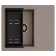 HD Onyx Tortora 58 egymedencés mosogatótálca szett, matt fekete csepegtetőkosárral, csepegtetőtálcával, tortora színben, szálcsiszolt réz leeresztő szifonnal