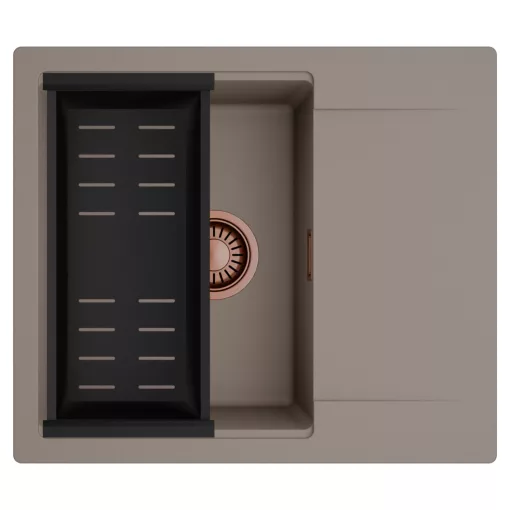 HD Onyx Tortora 58 egymedencés mosogatótálca szett, matt fekete csepegtetőkosárral, csepegtetőtálcával, tortora színben, szálcsiszolt réz leeresztő szifonnal