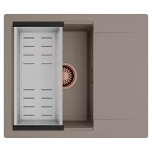 HD Onyx Tortora 58 egymedencés mosogatótálca szett, acél csepegtetőkosárral, csepegtetőtálcával, tortora színben, szálcsiszolt réz leeresztő szifonnal