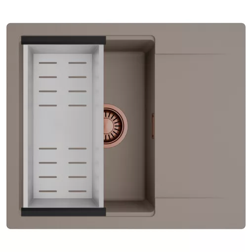 HD Onyx Tortora 58 egymedencés mosogatótálca szett, acél csepegtetőkosárral, csepegtetőtálcával, tortora színben, szálcsiszolt réz leeresztő szifonnal