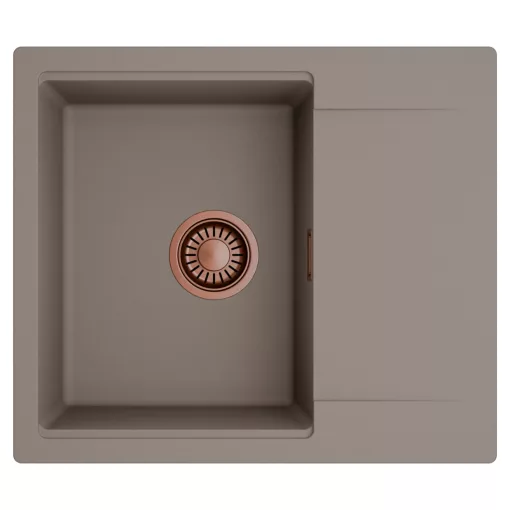HD Onyx Tortora 58 egymedencés mosogatótálca, csepegtetőtálcával, tortora színben, szálcsiszolt réz leeresztő szifonnal