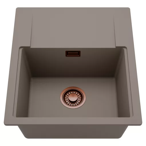 HD Onyx Tortora 58 egymedencés mosogatótálca, csepegtetőtálcával, tortora színben, szálcsiszolt réz leeresztő szifonnal