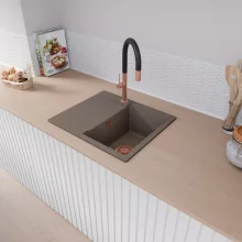 HD Onyx Tortora 58 egymedencés mosogatótálca, csepegtetőtálcával, tortora színben, szálcsiszolt réz leeresztő szifonnal