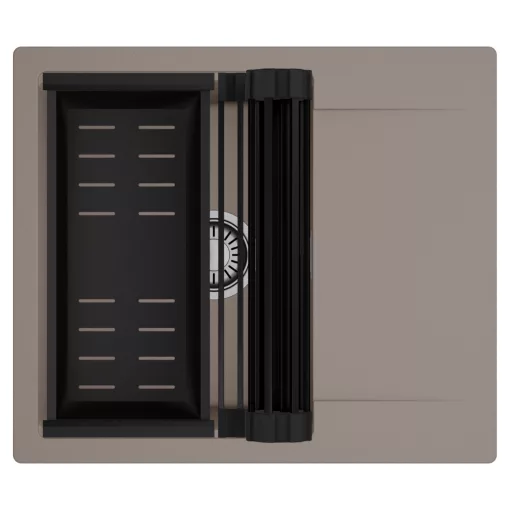 HD Onyx Tortora 58 egymedencés mosogatótálca szett, matt fekete csepegtetőráccsal és kosárral, csepegtetőtálcával, tortora színben