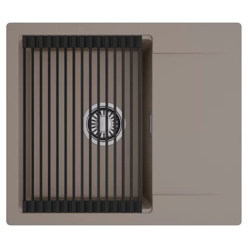 HD Onyx Tortora 58 egymedencés mosogatótálca szett, matt fekete csepegtetőráccsal, csepegtetőtálcával, tortora színben