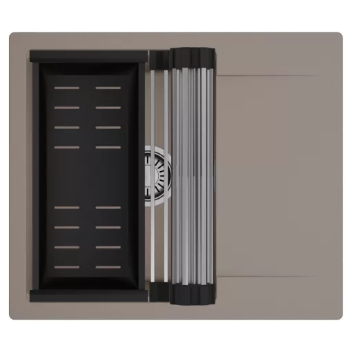 HD Onyx Tortora 58 egymedencés mosogatótálca szett, acél csepegtetőráccsal és matt fekete kosárral, csepegtetőtálcával, tortora színben