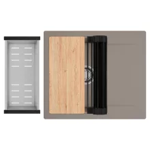 HD Onyx Tortora 58 egymedencés gránit mosogatótálca szett, csepegtetőtálcával, vágódeszkával, matt fekete csepegtetőráccsal és krómozott kosárral, tortora színben