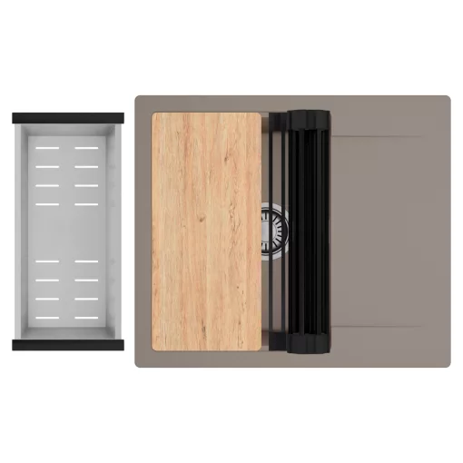 HD Onyx Tortora 58 egymedencés gránit mosogatótálca szett, csepegtetőtálcával, vágódeszkával, matt fekete csepegtetőráccsal és krómozott kosárral, tortora színben