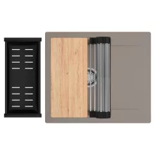 HD Onyx Tortora 58 egymedencés gránit mosogatótálca szett, csepegtetőtálcával, vágódeszkával, acél csepegtetőráccsal és matt fekete kosárral, tortora színben