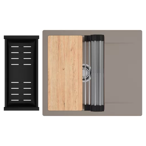 HD Onyx Tortora 58 egymedencés gránit mosogatótálca szett, csepegtetőtálcával, vágódeszkával, acél csepegtetőráccsal és matt fekete kosárral, tortora színben