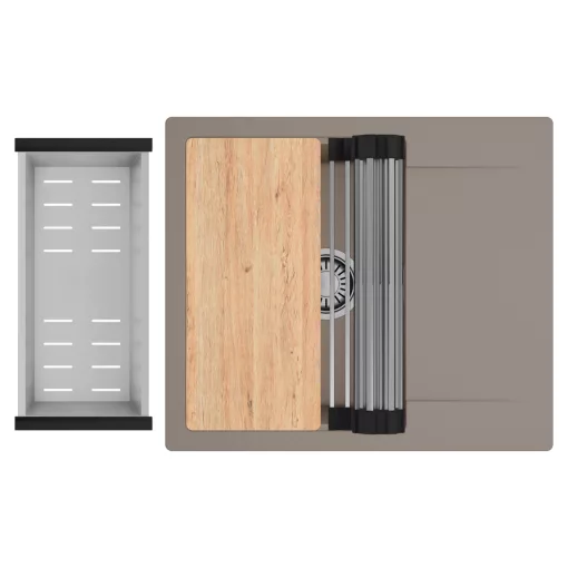 HD Onyx Tortora 58 egymedencés gránit mosogatótálca szett, csepegtetőtálcával, vágódeszkával, acél csepegtetőráccsal és kosárral, tortora színben