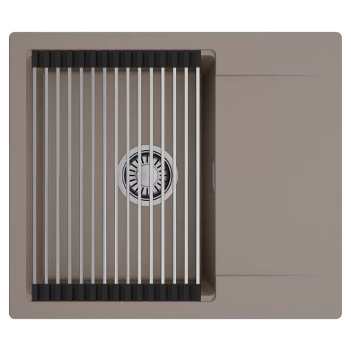 HD Onyx Tortora 58 egymedencés mosogatótálca szett, acél csepegtetőráccsal, csepegtetőtálcával, tortora színben