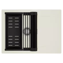 HD Onyx White 68-XL egymedencés mosogatótálca szett, matt fekete csepegtetőráccsal és kosárral, csepegtetőtálcával, tört fehér színben, szálcsiszolt króm leeresztő szifonnal