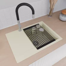 HD Onyx White 68-XL egymedencés mosogatótálca szett, matt fekete csepegtetőráccsal, csepegtetőtálcával, tört fehér színben, szálcsiszolt króm leeresztő szifonnal