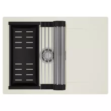 HD Onyx White 68-XL egymedencés mosogatótálca szett, acél csepegtetőráccsal és matt fekete kosárral, csepegtetőtálcával, tört fehér színben, szálcsiszolt króm leeresztő szifonnal