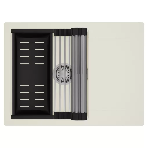 HD Onyx White 68-XL egymedencés mosogatótálca szett, acél csepegtetőráccsal és matt fekete kosárral, csepegtetőtálcával, tört fehér színben, szálcsiszolt króm leeresztő szifonnal