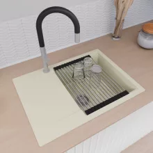 HD Onyx White 68-XL egymedencés mosogatótálca szett, acél csepegtetőráccsal és matt fekete kosárral, csepegtetőtálcával, tört fehér színben, szálcsiszolt króm leeresztő szifonnal