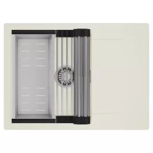 HD Onyx White 68-XL egymedencés mosogatótálca szett, acél csepegtetőráccsal és kosárral, csepegtetőtálcával, tört fehér színben, szálcsiszolt króm leeresztő szifonnal