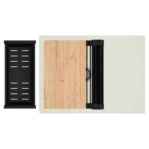 HD Onyx White 68-XL egymedencés gránit mosogatótálca szett, vágódeszkával, csepegtetőtálcával, vágódeszkával, matt fekete csepegtetőráccsal és kosárral, tört fehér színben, szálcsiszolt króm leeresztő szifonnal