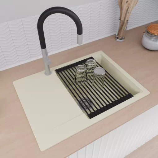 HD Onyx White 68-XL egymedencés gránit mosogatótálca szett, vágódeszkával, csepegtetőtálcával, vágódeszkával, matt fekete csepegtetőráccsal és kosárral, tört fehér színben, szálcsiszolt króm leeresztő szifonnal