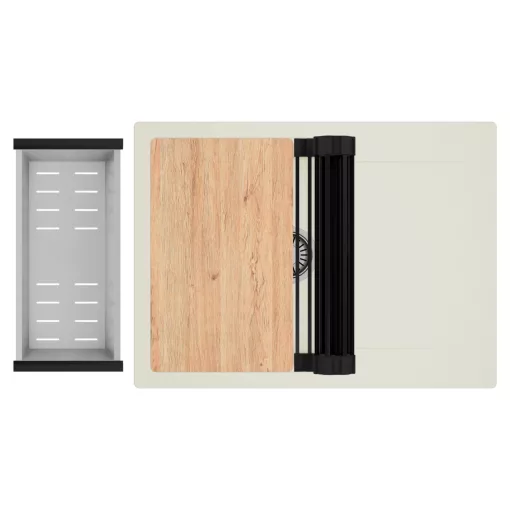 HD Onyx White 68-XL egymedencés gránit mosogatótálca szett, vágódeszkával, csepegtetőtálcával, vágódeszkával, matt fekete csepegtetőráccsal és krómozott kosárral, tört fehér színben, szálcsiszolt króm leeresztő szifonnal