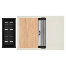 HD Onyx White 68-XL egymedencés gránit mosogatótálca szett, vágódeszkával, csepegtetőtálcával, vágódeszkával, acél csepegtetőráccsal és matt fekete kosárral, tört fehér színben, szálcsiszolt króm leeresztő szifonnal