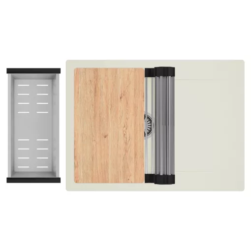 HD Onyx White 68-XL egymedencés gránit mosogatótálca szett, vágódeszkával, csepegtetőtálcával, vágódeszkával, acél csepegtetőráccsal és kosárral, tört fehér színben, szálcsiszolt króm leeresztő szifonnal