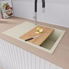 HD Onyx White 68-XL egymedencés gránit mosogatótálca szett, vágódeszkával, csepegtetőtálcával, vágódeszkával, acél csepegtetőráccsal és kosárral, tört fehér színben, szálcsiszolt króm leeresztő szifonnal