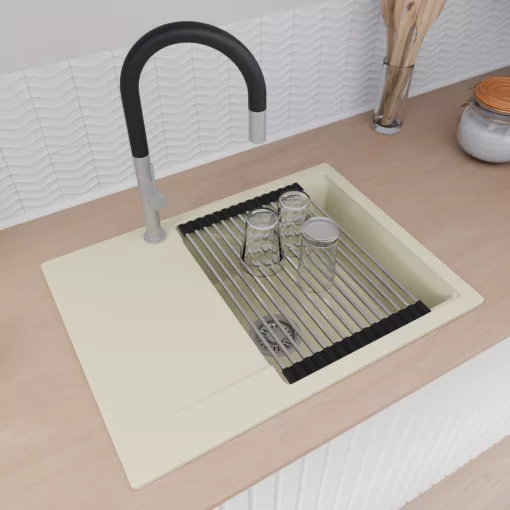 HD Onyx White 68-XL egymedencés gránit mosogatótálca szett, vágódeszkával, csepegtetőtálcával, vágódeszkával, acél csepegtetőráccsal, tört fehér színben, szálcsiszolt króm leeresztő szifonnal