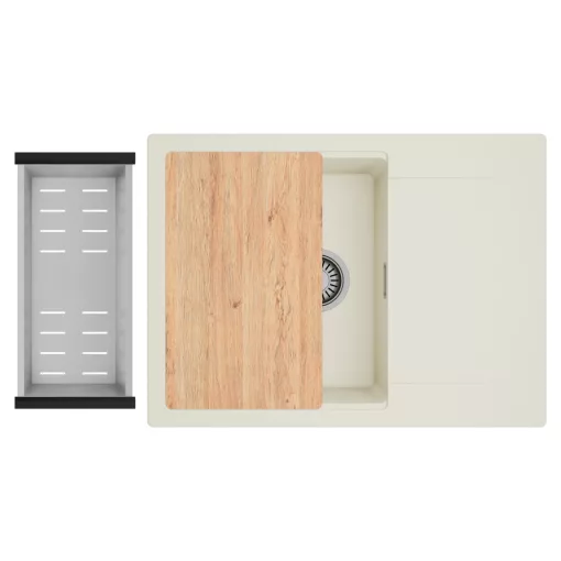 HD Onyx White 68-XL egymedencés gránit mosogatótálca szett, vágódeszkával, csepegtetőtálcával, vágódeszkával, acél csepegtetőkosárral, tört fehér színben, szálcsiszolt króm leeresztő szifonnal