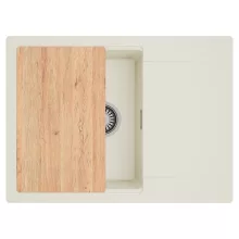 HD Onyx White 68-XL egymedencés gránit mosogatótálca, vágódeszkával, vágódeszkával, tört fehér színben, szálcsiszolt króm leeresztő szifonnal