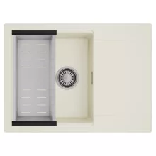 HD Onyx White 68-XL egymedencés mosogatótálca szett, acél csepegtetőkosárral, csepegtetőtálcával, tört fehér színben, szálcsiszolt króm leeresztő szifonnal