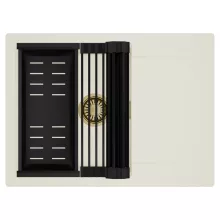 HD Onyx White 68-XL egymedencés mosogatótálca szett, matt fekete csepegtetőráccsal és kosárral, csepegtetőtálcával, tört fehér színben, szálcsiszolt arany leeresztő szifonnal