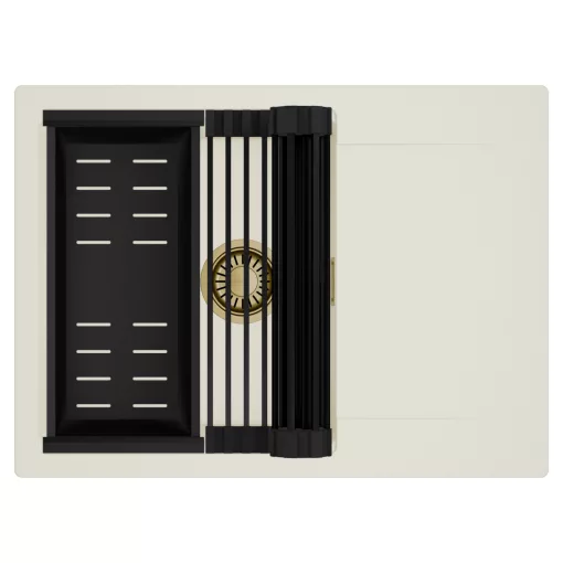 HD Onyx White 68-XL egymedencés mosogatótálca szett, matt fekete csepegtetőráccsal és kosárral, csepegtetőtálcával, tört fehér színben, szálcsiszolt arany leeresztő szifonnal