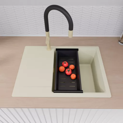 HD Onyx White 68-XL egymedencés mosogatótálca szett, matt fekete csepegtetőráccsal és kosárral, csepegtetőtálcával, tört fehér színben, szálcsiszolt arany leeresztő szifonnal