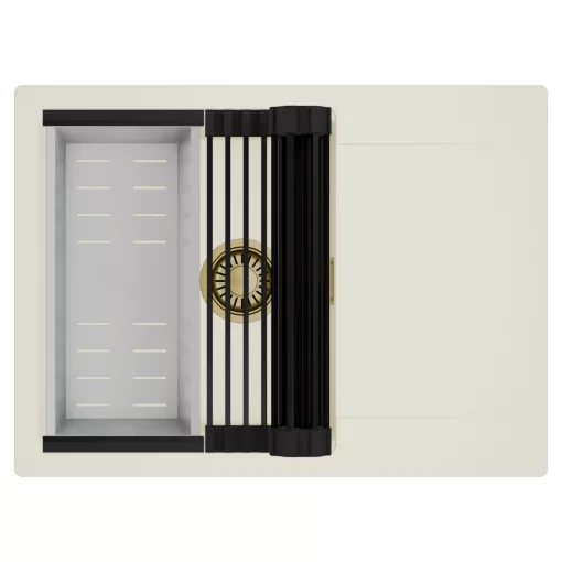 HD Onyx White 68-XL egymedencés mosogatótálca szett, matt fekete csepegtetőráccsal és krómozott kosárral, csepegtetőtálcával, tört fehér színben, szálcsiszolt arany leeresztő szifonnal