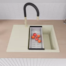 HD Onyx White 68-XL egymedencés mosogatótálca szett, matt fekete csepegtetőráccsal és krómozott kosárral, csepegtetőtálcával, tört fehér színben, szálcsiszolt arany leeresztő szifonnal