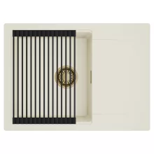 HD Onyx White 68-XL egymedencés mosogatótálca szett, matt fekete csepegtetőráccsal, csepegtetőtálcával, tört fehér színben, szálcsiszolt arany leeresztő szifonnal