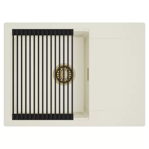 HD Onyx White 68-XL egymedencés mosogatótálca szett, matt fekete csepegtetőráccsal, csepegtetőtálcával, tört fehér színben, szálcsiszolt arany leeresztő szifonnal